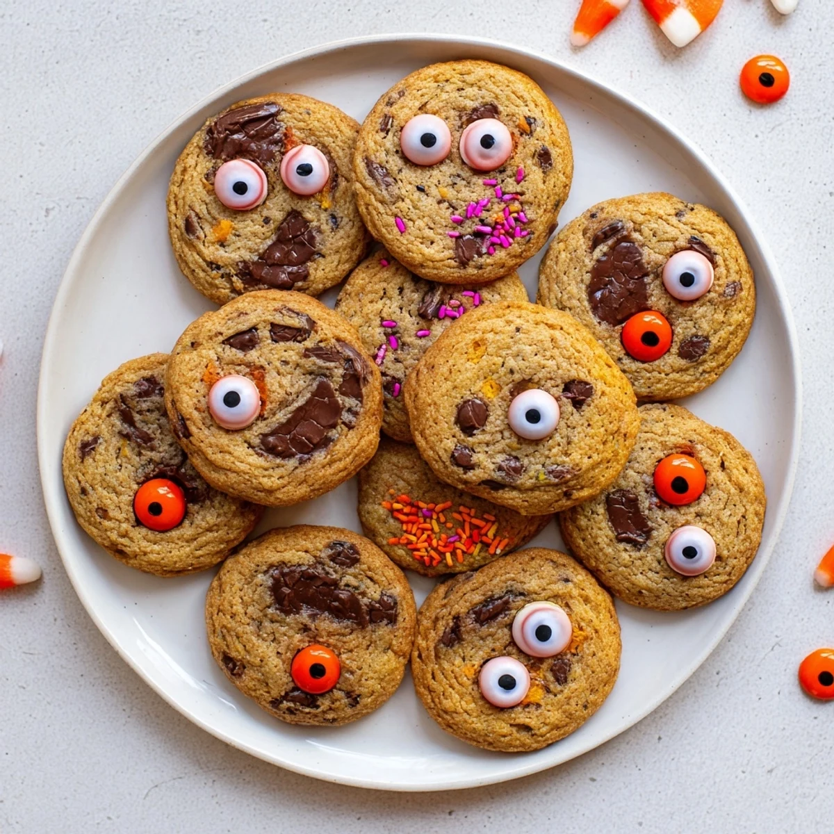 Kids decorating chocolate orange cookies with candy eyeballs on a wooden baking board