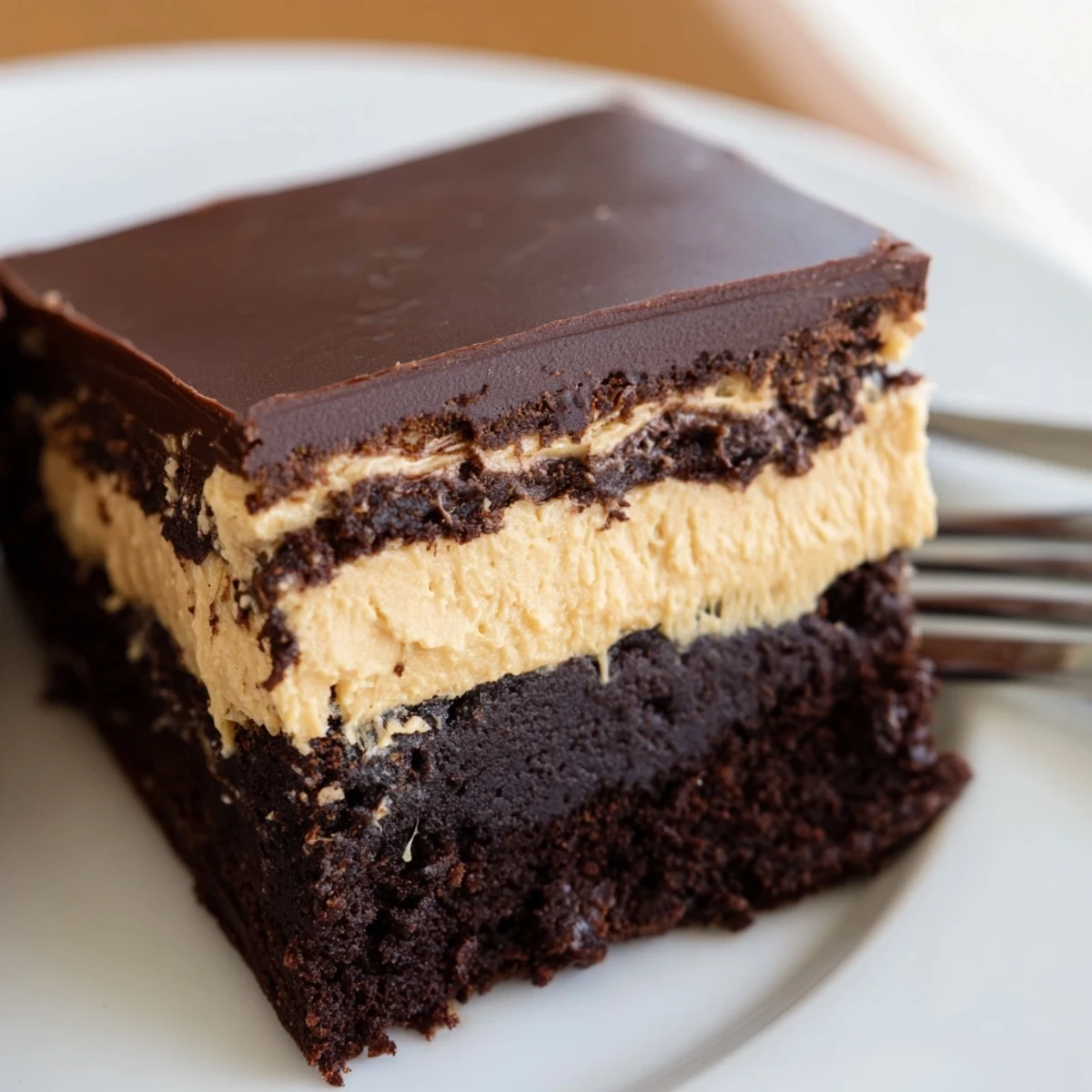 Homemade layered peanut butter brownies on a white plate, topped with melted chocolate ganache and peanut butter swirls