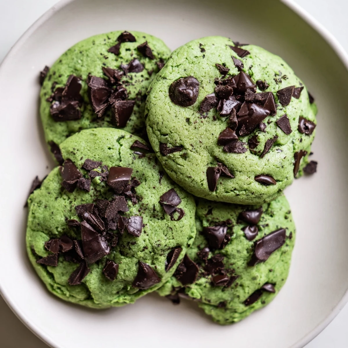 Freshly baked green mint chocolate chip cookies stacked on a cooling rack with melted chocolate chunks