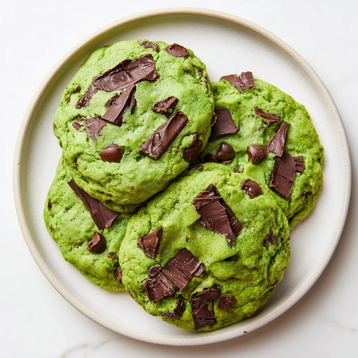 Golden edged green mint chocolate chip cookies with gooey chocolate centers on a wooden board