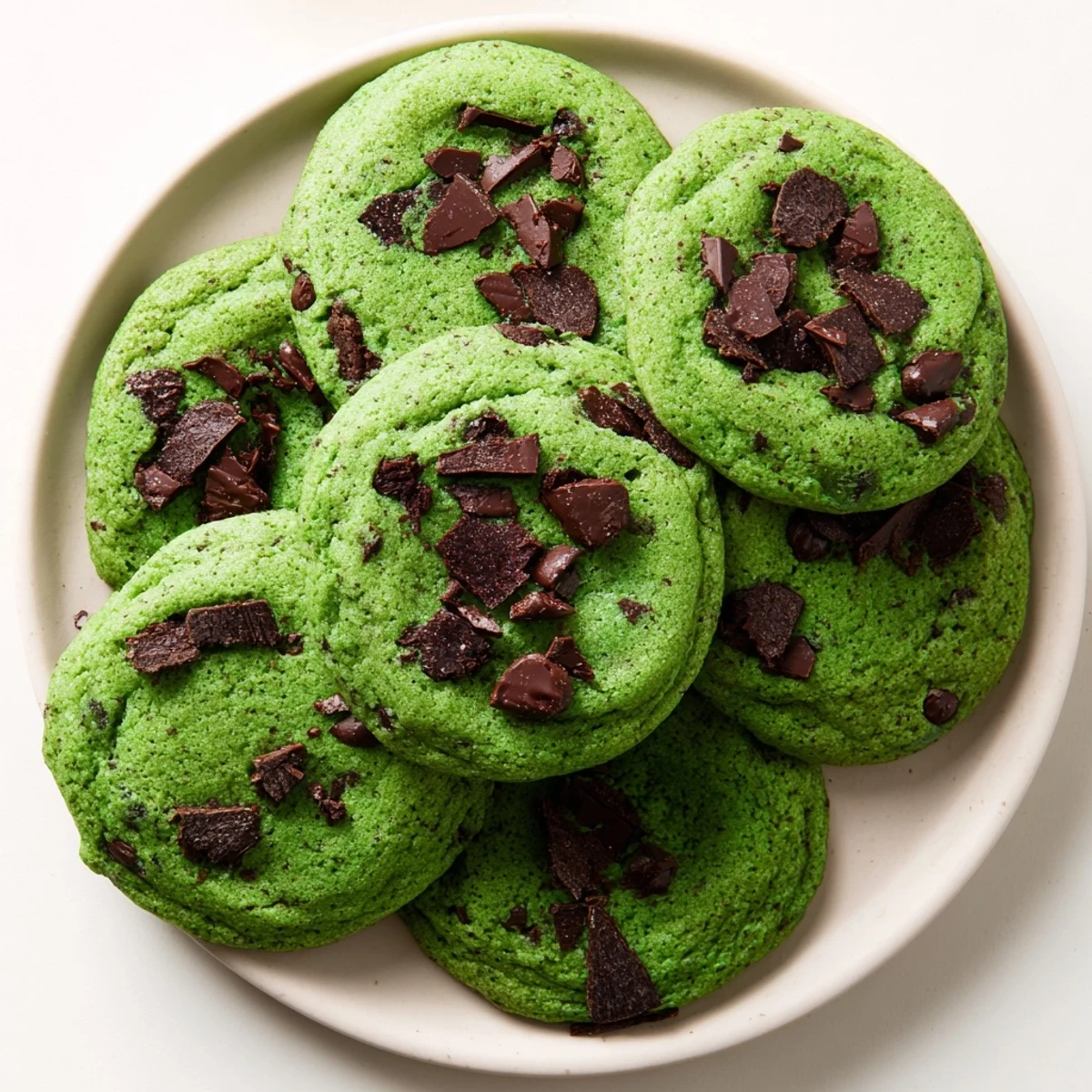 Soft chewy green mint chocolate chip cookies on a white plate ready for serving