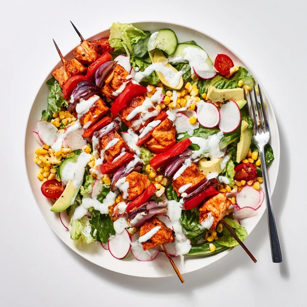 Golden grilled BBQ chicken skewers arranged atop crisp mixed greens with colorful vegetables and creamy herby ranch dressing