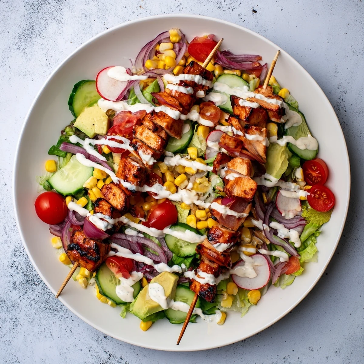 Charred BBQ chicken skewers resting on a fresh garden salad drizzled with tangy homemade herby ranch for a satisfying meal