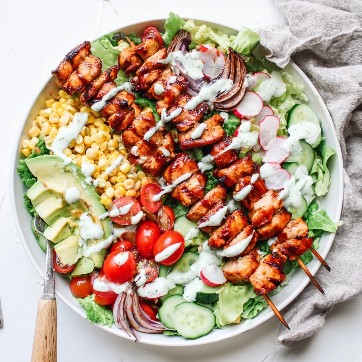 Juicy BBQ chicken skewers served over a vibrant bed of salad greens, cherry tomatoes, and avocado topped with zesty ranch