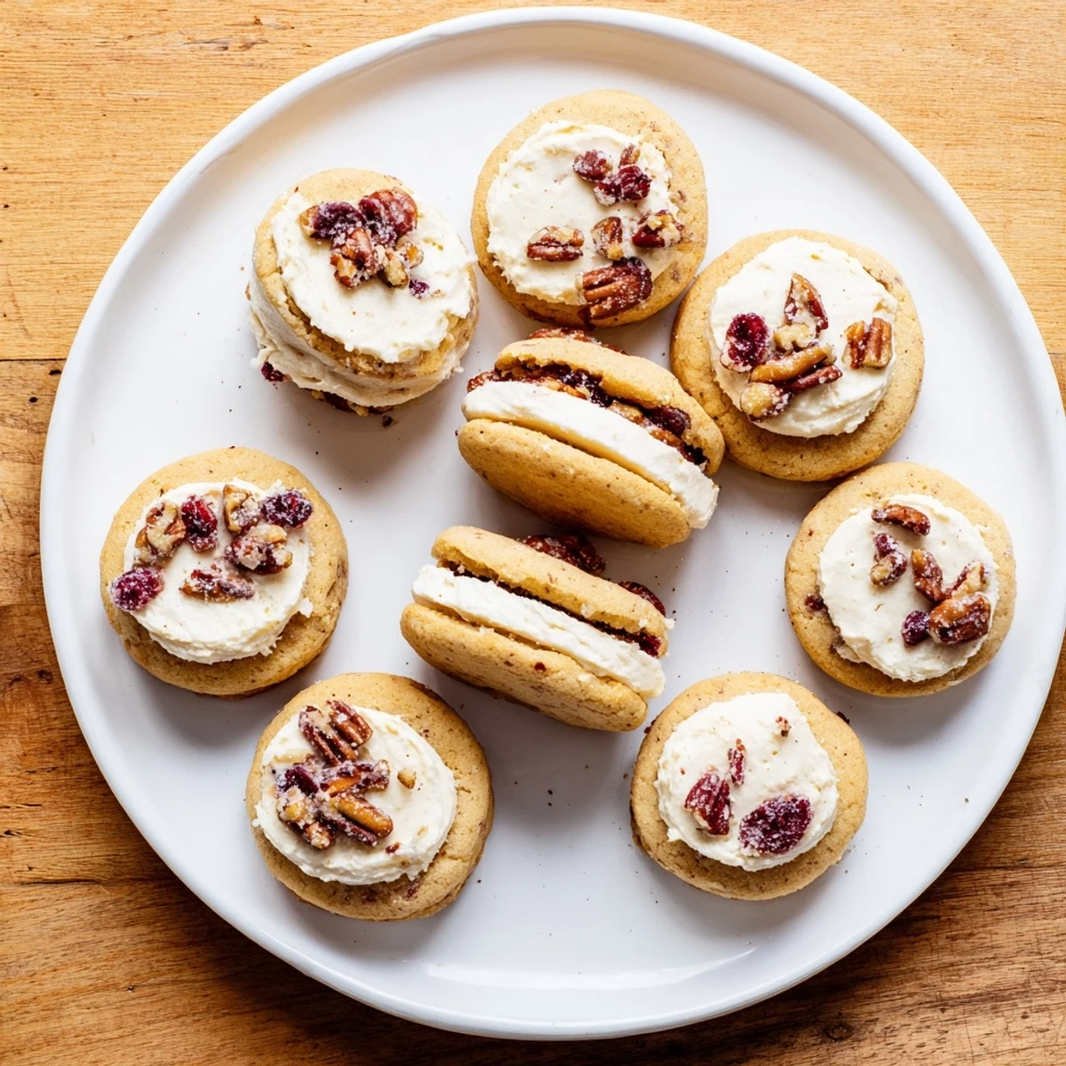 Golden buttery cranberry pecan sandwich cookies with cream cheese filling on white plate