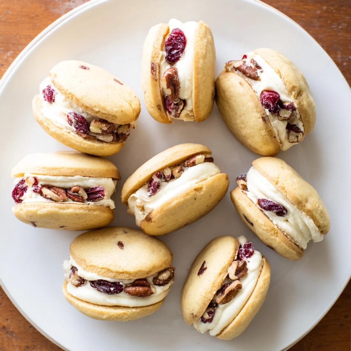 Close-up of filled cookie sandwich showing tart cranberries and toasted pecans in dough