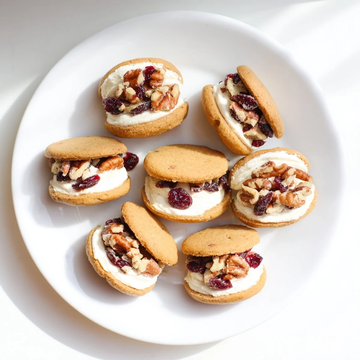 Stack of festive sandwich cookies with cream cheese frosting and chopped nut edges