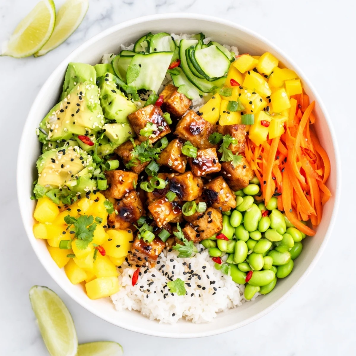 Colorful avocado mango poke salad bowl with marinated tofu, fresh vegetables, and sesame seed garnish