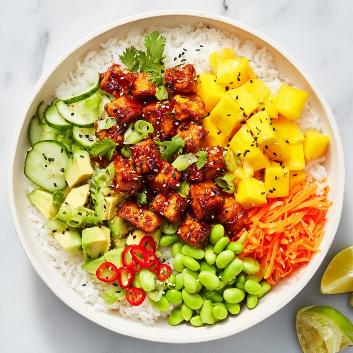 Vibrant Hawaiian-style poke bowl featuring creamy avocado, sweet mango cubes, and seasoned tofu over rice
