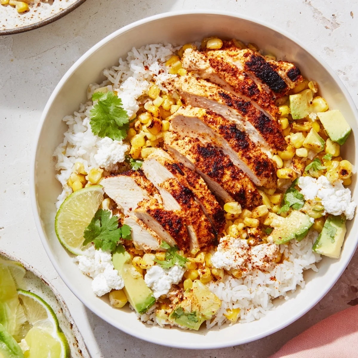 Street corn chicken rice bowl with grilled spiced chicken, charred corn, and creamy cotija sauce