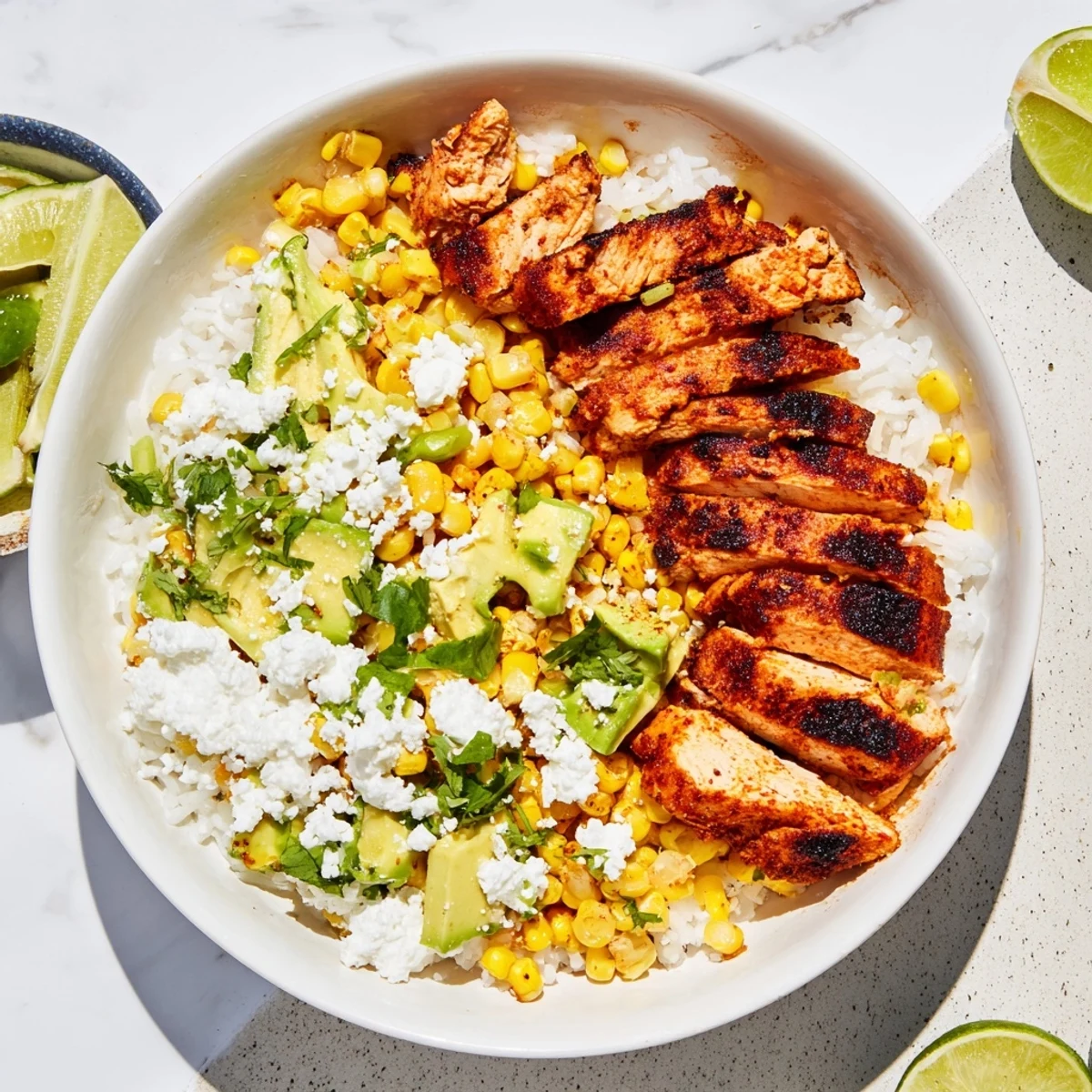 Vibrant Mexican-inspired street corn chicken rice bowl topped with avocado, cilantro, and lime wedges