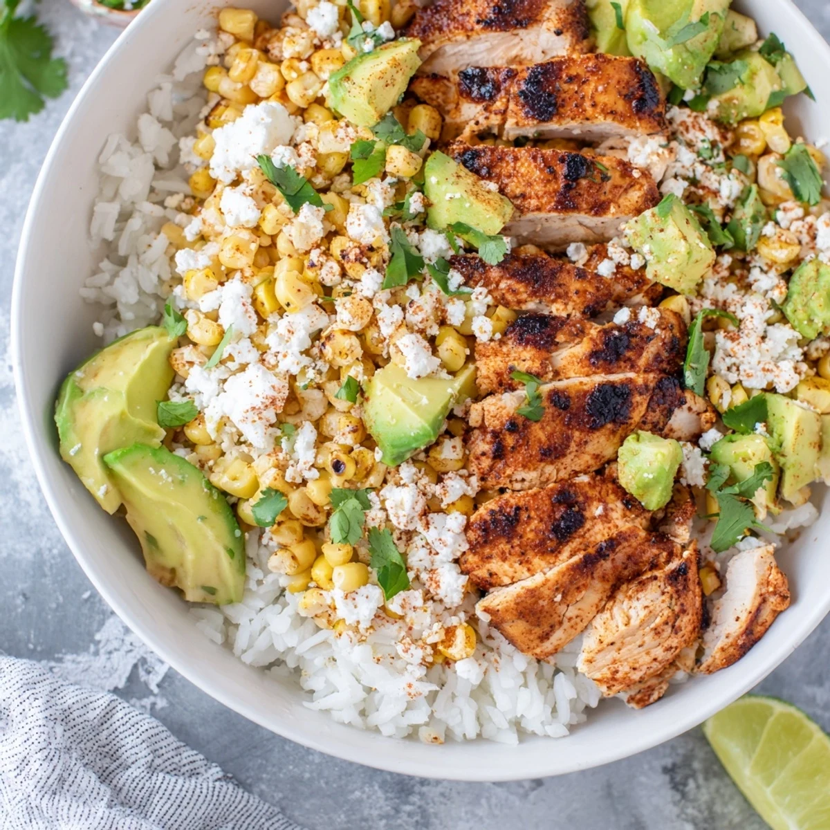 Savory chicken and charred corn over fluffy rice with tangy mayonnaise sauce and crumbled cheese