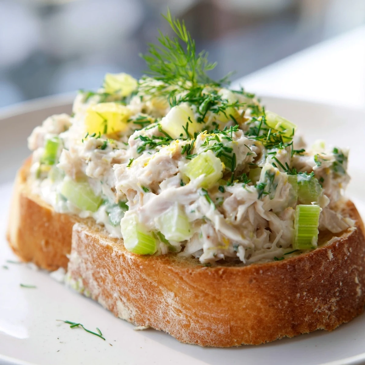 Golden sourdough toast piled high with creamy crab salad and fresh chives