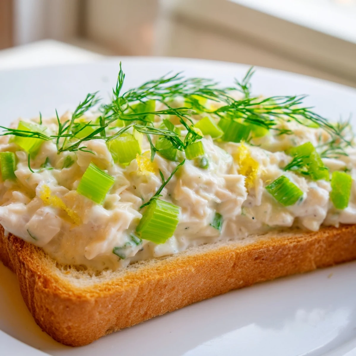 Buttered sourdough bread topped with lump crab meat mixture and herbs
