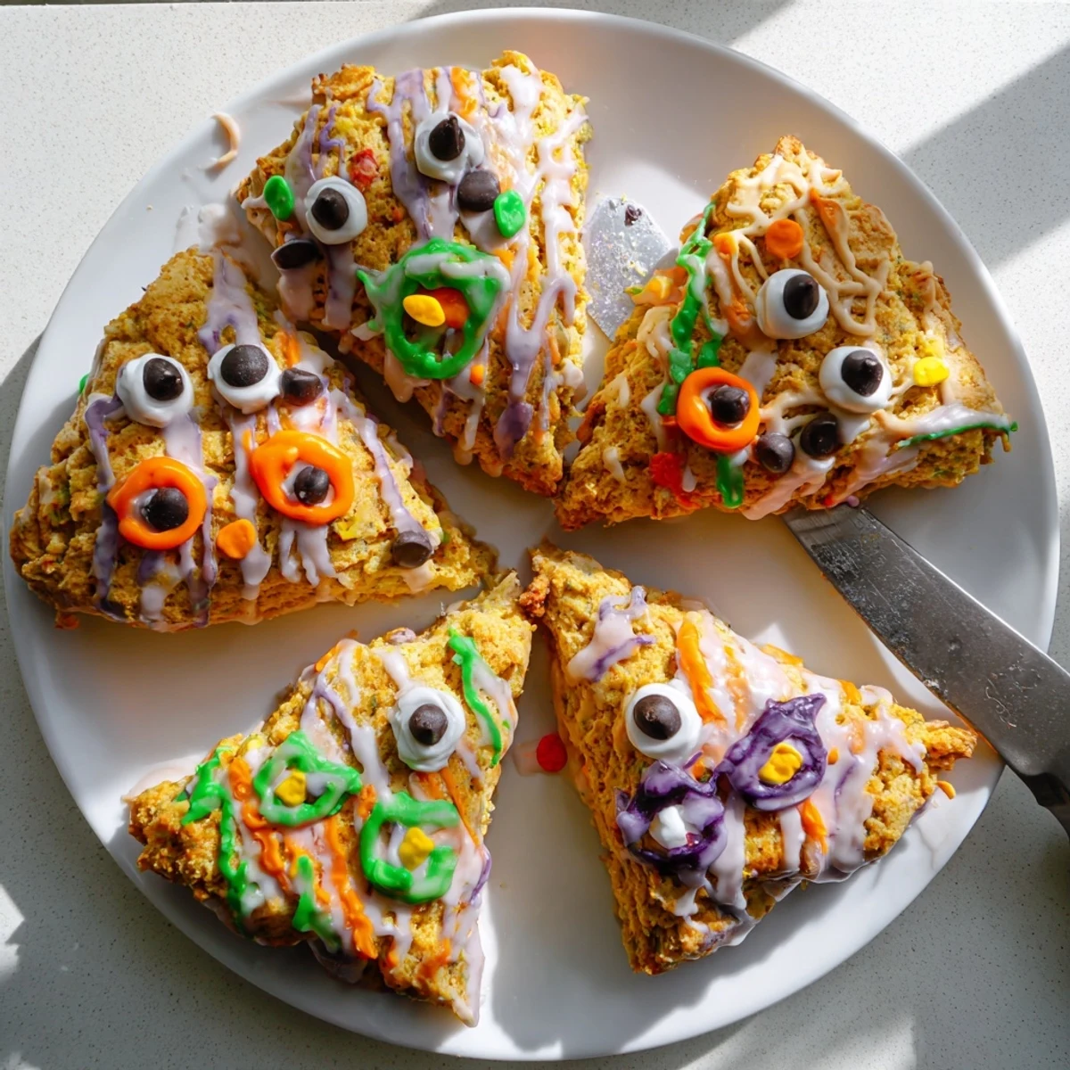 Golden pumpkin scones decorated with colorful monster faces for festive Halloween treats