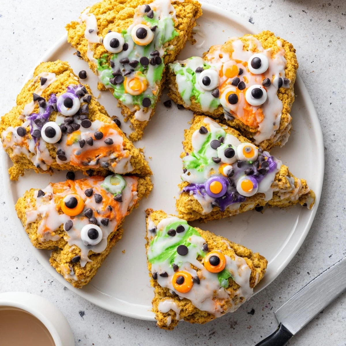 Spiced pumpkin scones with playful candy eyes and bright glaze for autumn baking