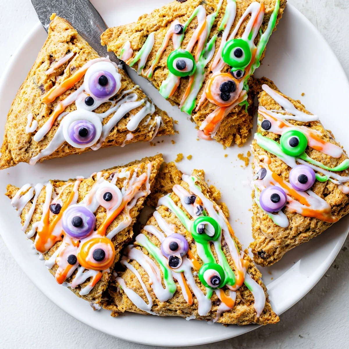 Warm monster face pumpkin scones topped with whimsical decorations on a white plate