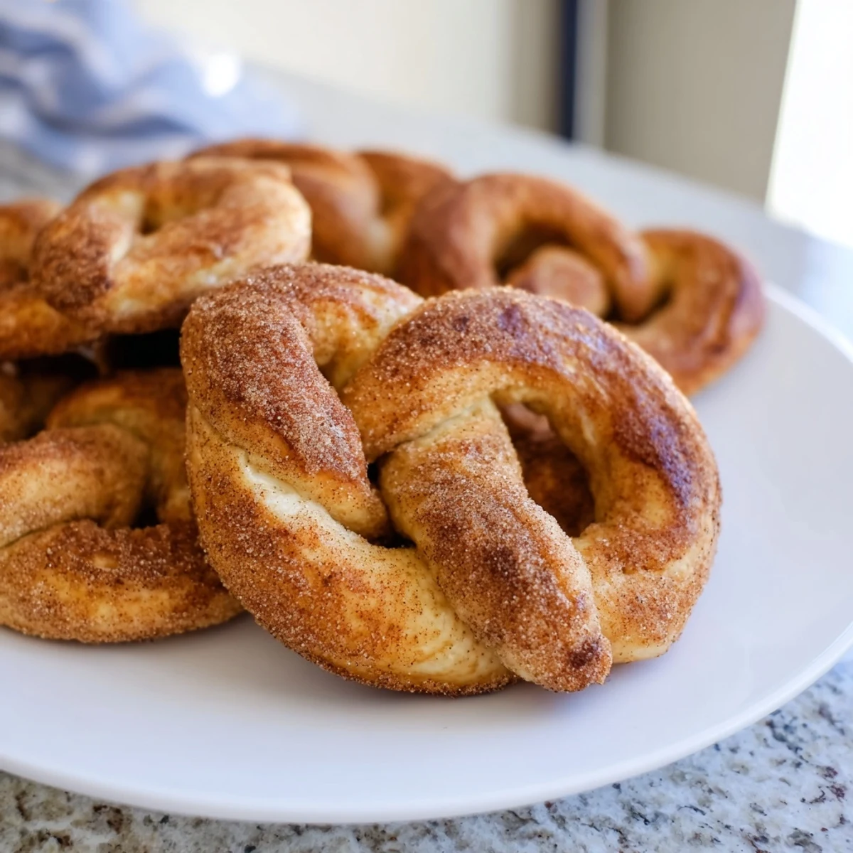 Golden brown cinnamon sugar soft pretzels sprinkled with sweet coating on wooden board