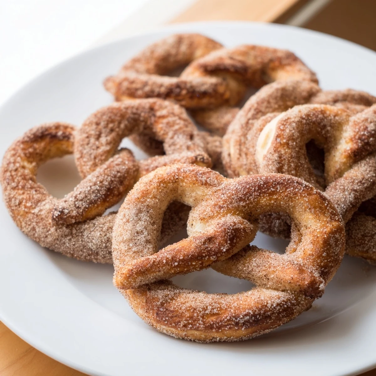 Warm pillowy cinnamon sugar soft pretzels brushed with butter and coated in spice mix