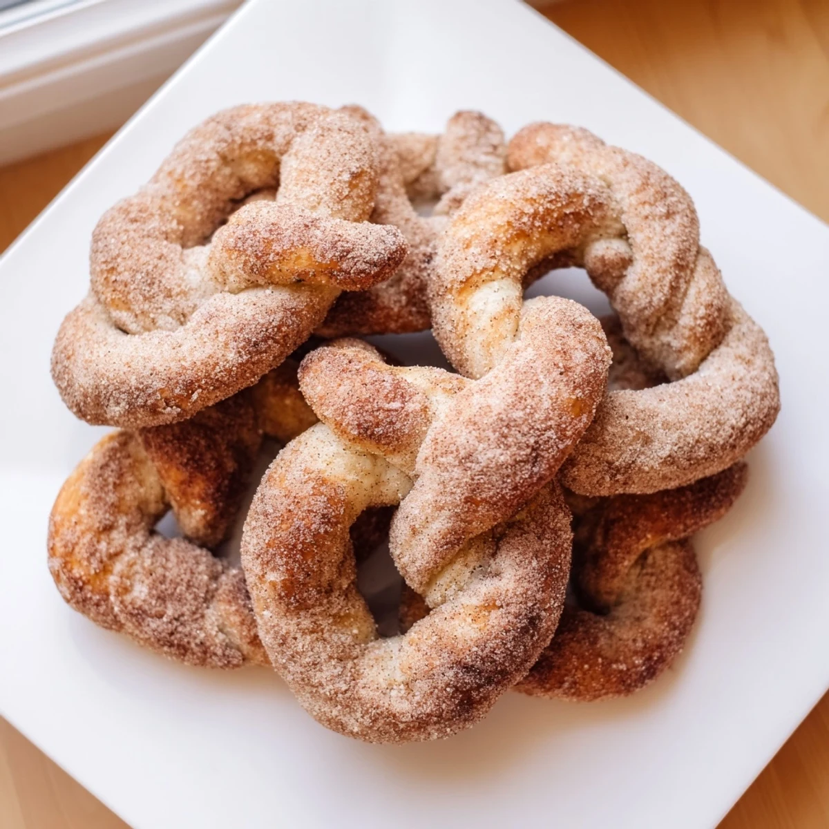 Hand twisted cinnamon sugar soft pretzels fresh from oven with glossy sugary crust