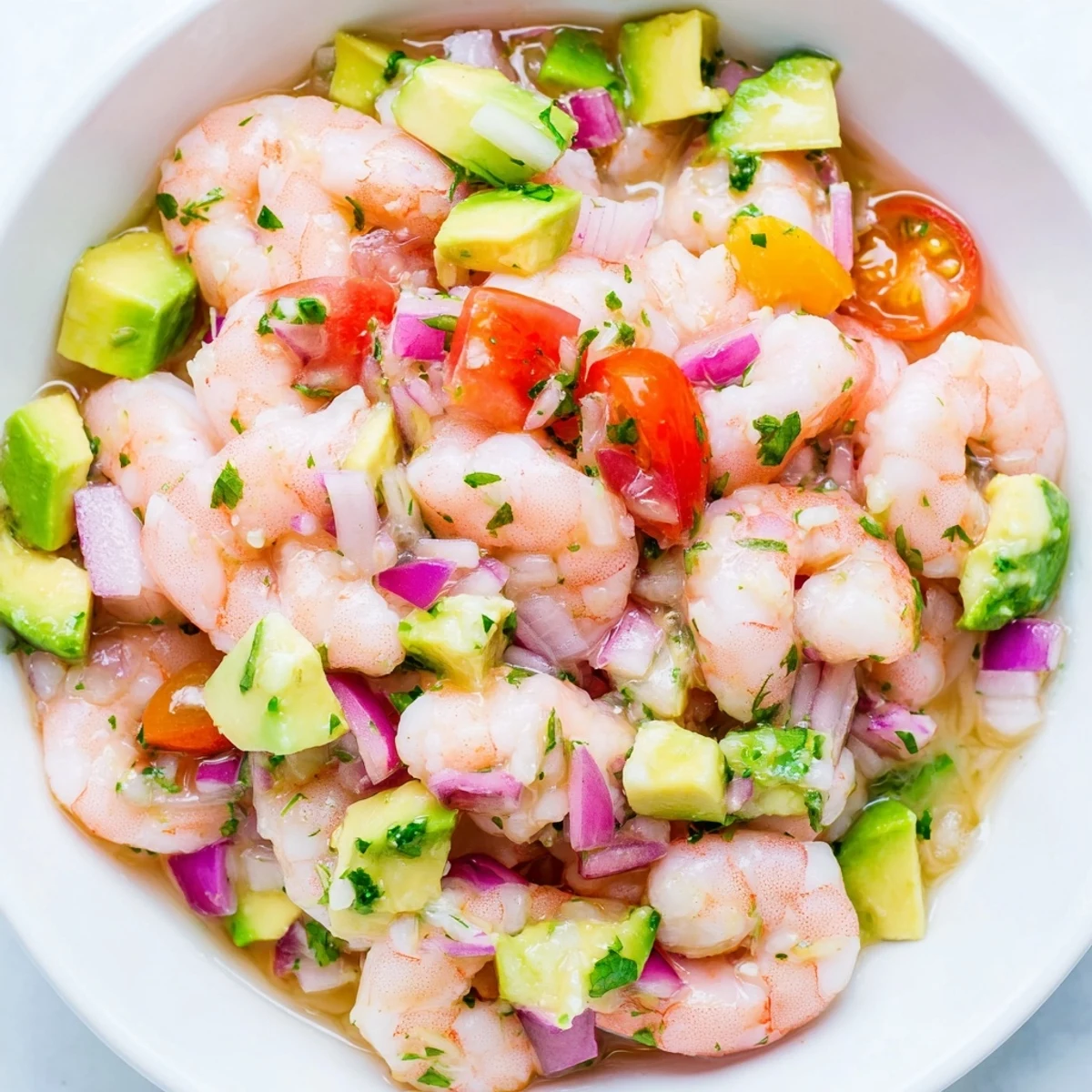 Fresh easy shrimp ceviche bowl with tender shrimp, crisp vegetables, and zesty citrus marinade