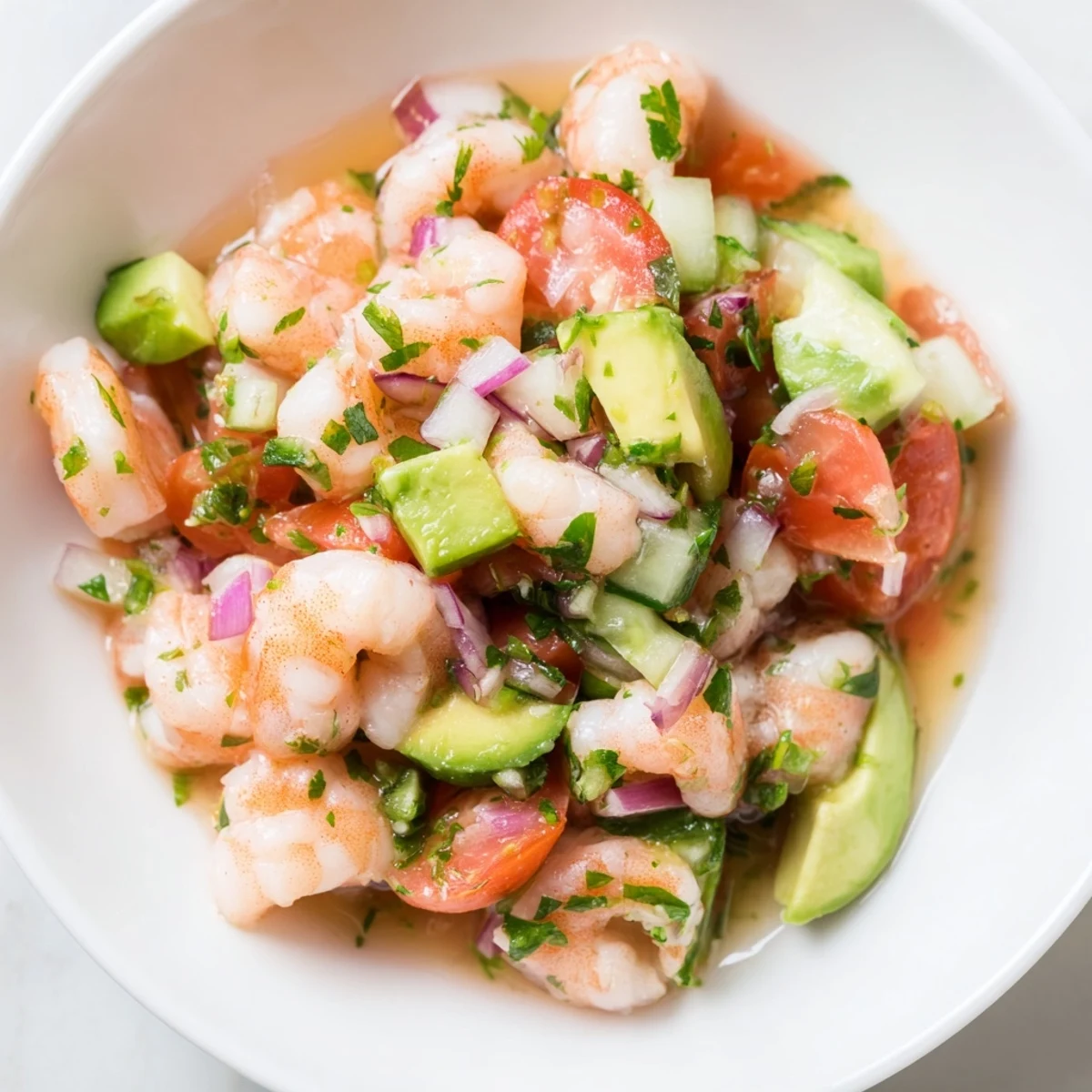 Colorful easy shrimp ceviche appetizer served chilled with diced avocado, red onion, and cilantro
