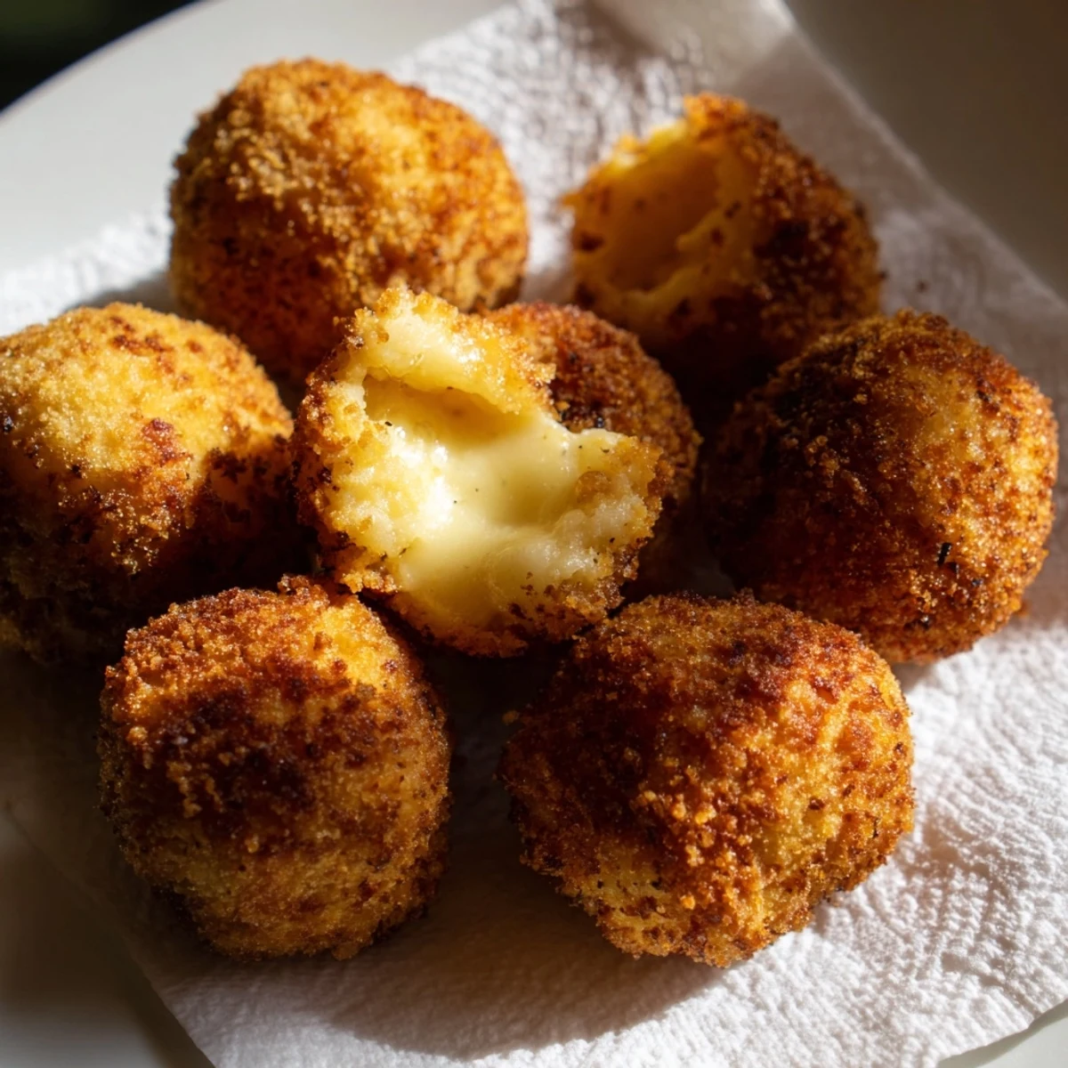 Fried mozzarella cheese balls arranged on a platter with marinara dipping sauce in a small bowl