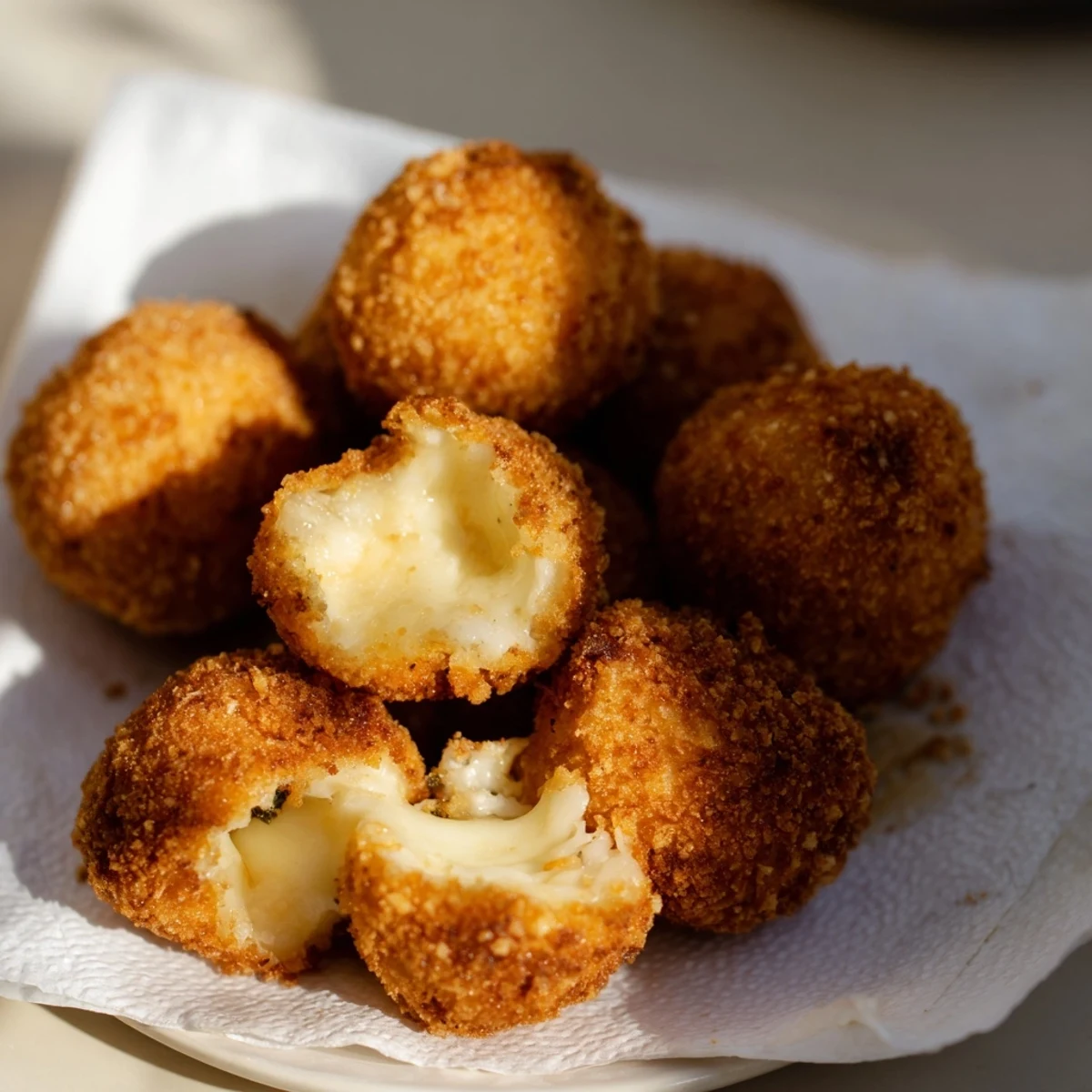 Golden brown mozzarella cheese balls with a crispy breadcrumb coating and melty cheese center on a white serving plate
