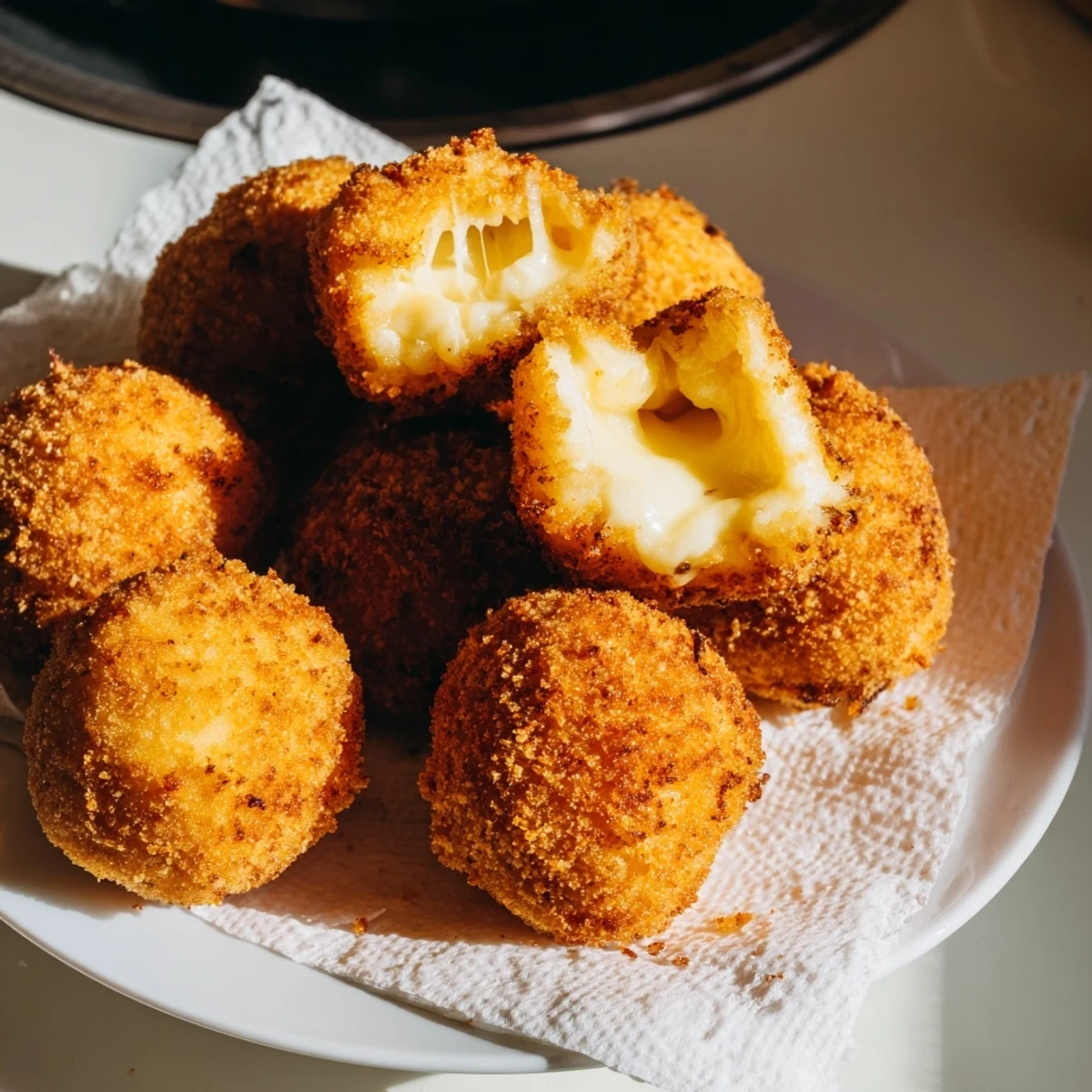Hot crispy mozzarella cheese balls stacked on a paper towel, showcasing their golden fried exterior and cheesy interior