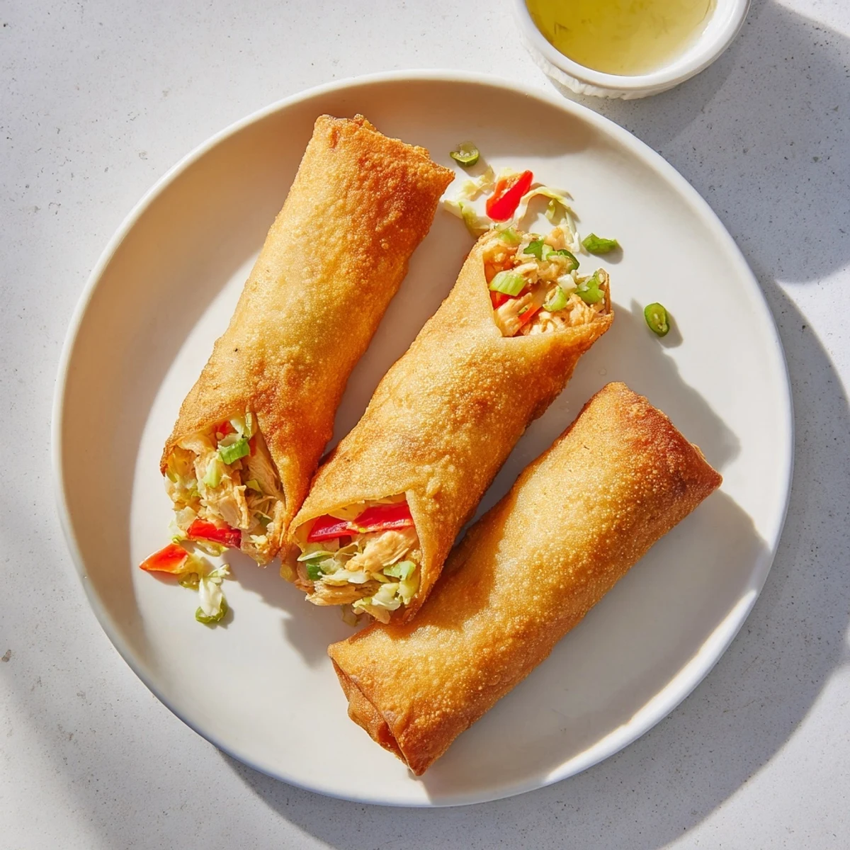 Golden brown Voodoo Egg rolls with Cajun-spiced chicken and colorful vegetables fried to crispy perfection