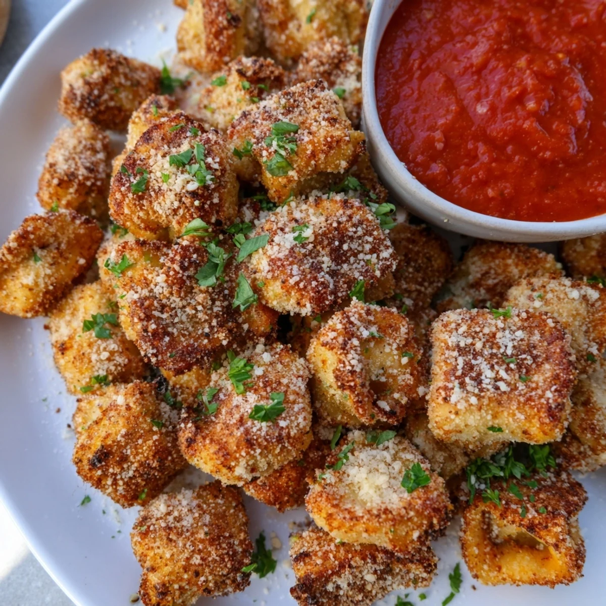 Golden air fryer tortellini arranged on a white platter with small bowl of marinara sauce for dipping