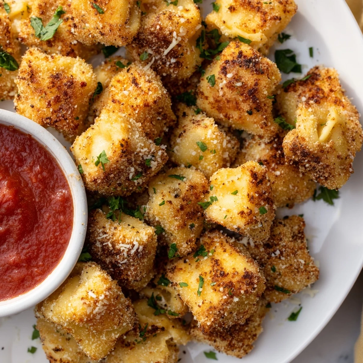 Crispy breaded tortellini bites cooked to golden perfection, sprinkled with fresh parsley and parmesan cheese