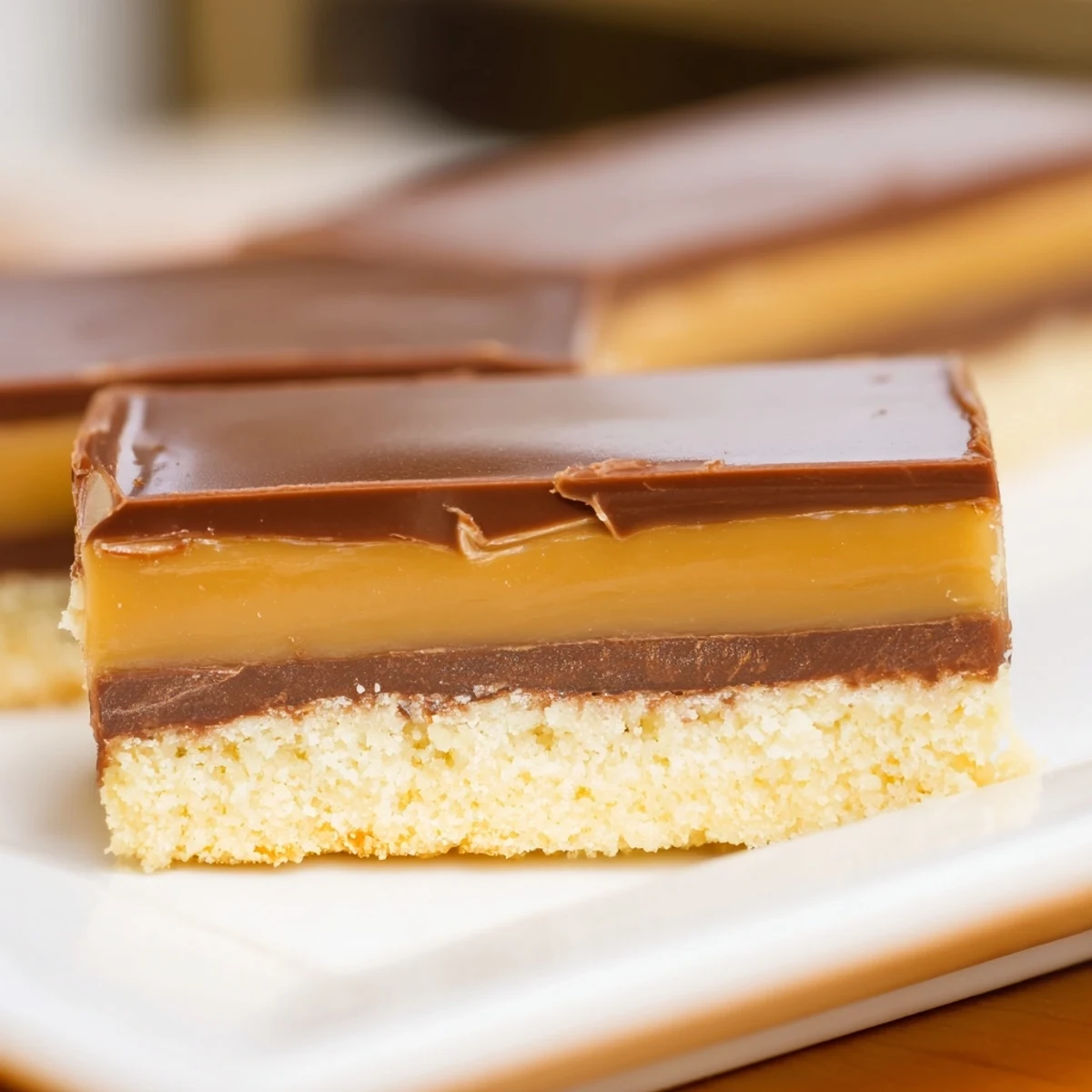 Homemade Twix candy bars showing buttery shortbase topped with golden caramel and smooth milk chocolate