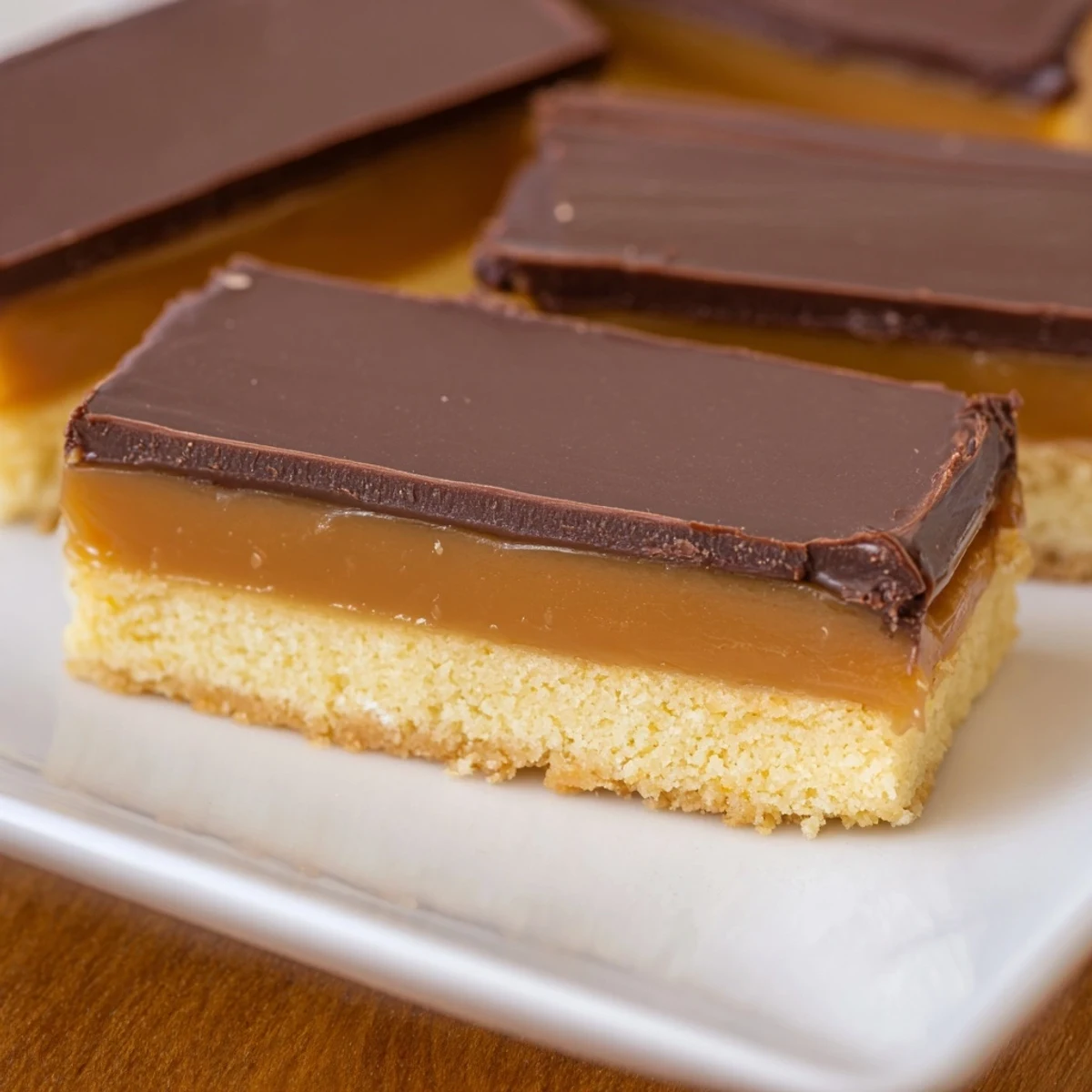 Decadent Twix dessert bars on a white plate with rich chocolate topping and oozing caramel center