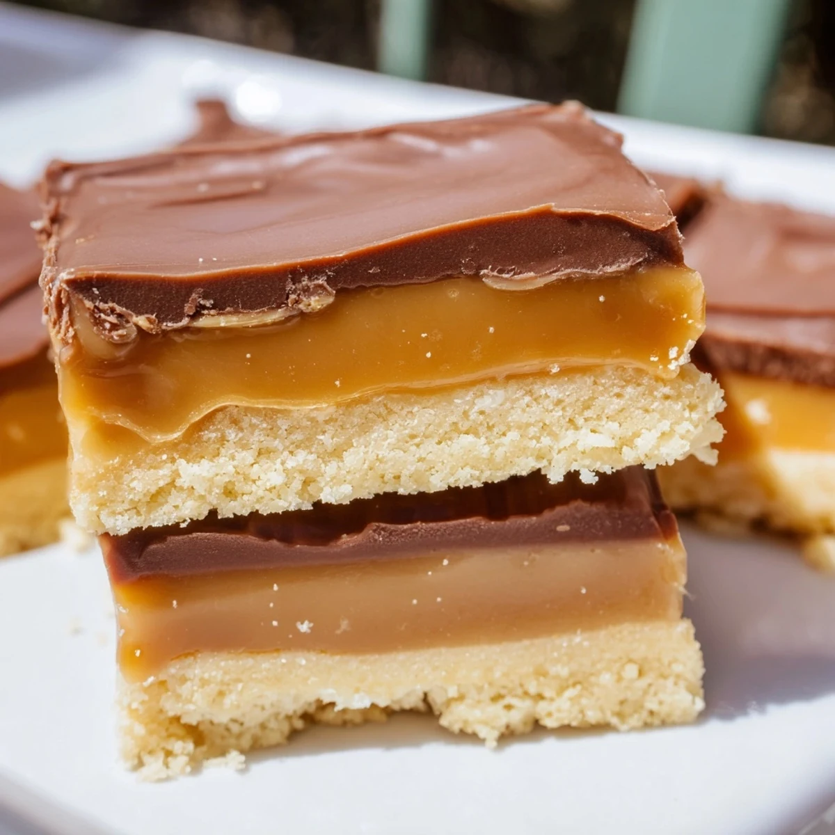 Square Twix-inspired dessert bars sliced to reveal three layers of shortbread caramel and chocolate