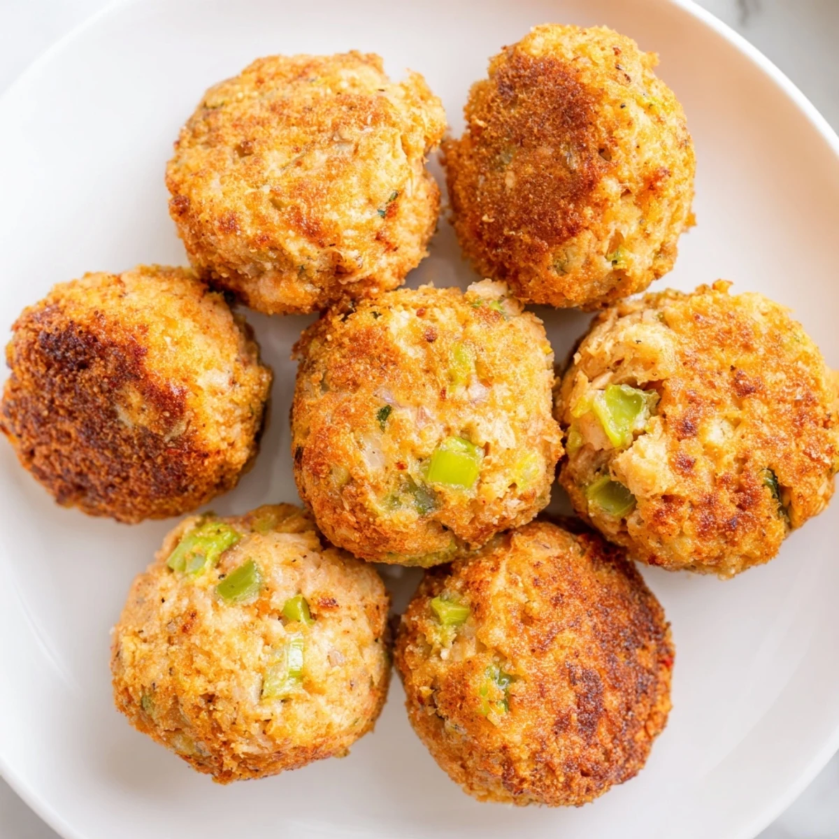 Golden brown Southern salmon croquettes fried to crispy perfection on a white plate