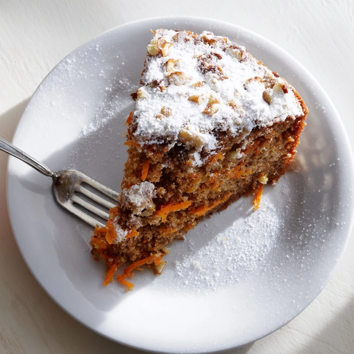 Moist Greek yogurt carrot cake one bowl with grated carrots and warm cinnamon speckled throughout
