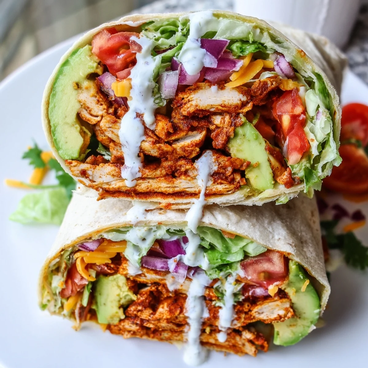 Golden spicy chicken avocado wraps with sliced chicken, fresh vegetables, and zesty sauce in soft flour tortillas
