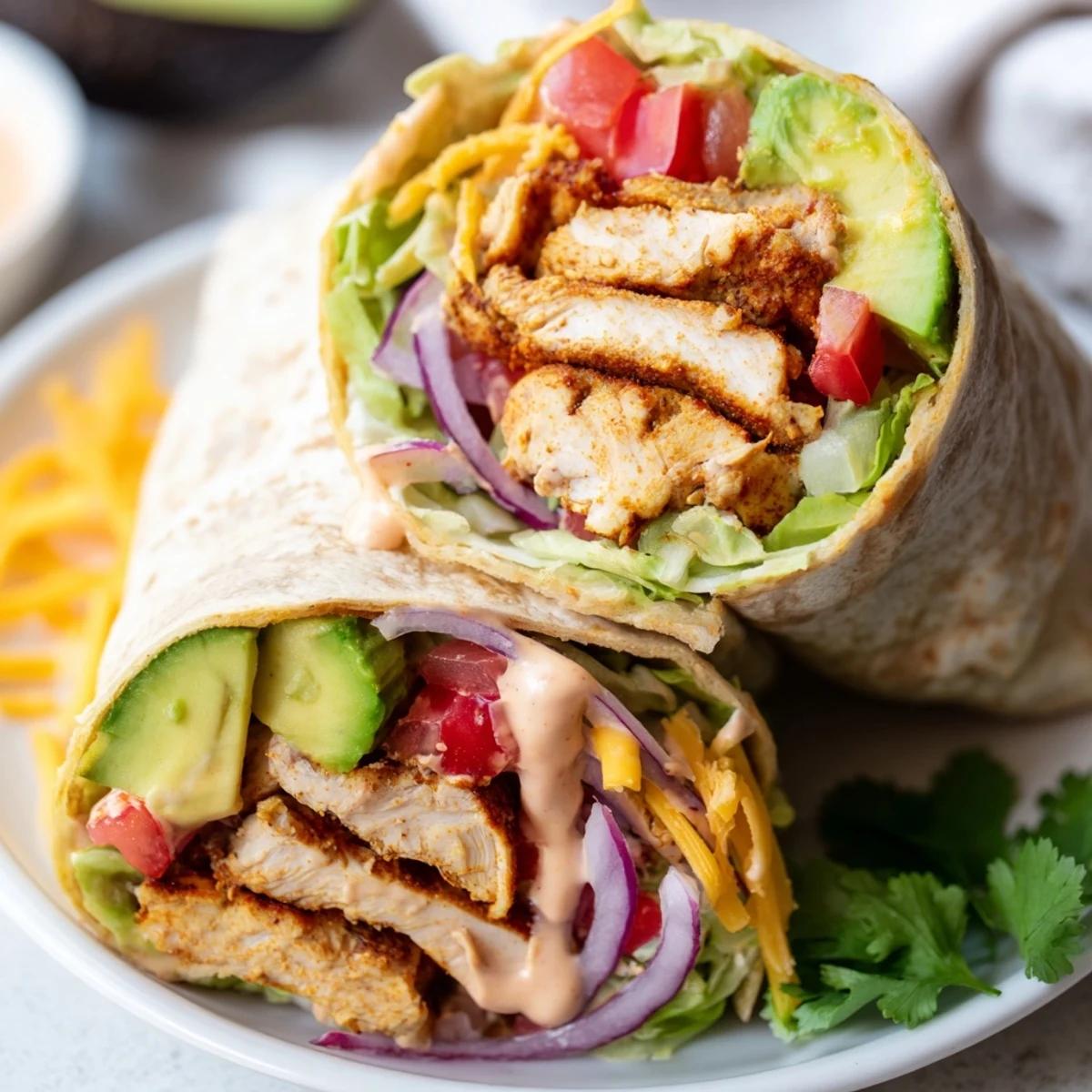 Hand-held spicy chicken avocado wraps feature grilled spiced chicken, ripe avocado slices, crisp veggies, and tangy lime sauce