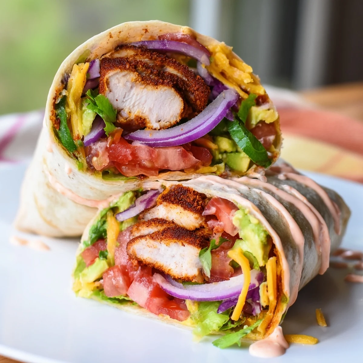 Spicy chicken avocado wraps cross-section revealing seasoned chicken, creamy avocado, lettuce, tomato, melted cheddar, and sriracha sauce