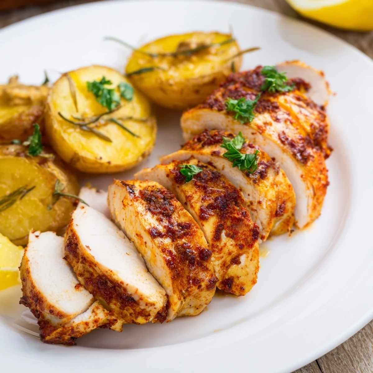 Golden brown grilled chicken breasts resting beside crispy roasted baby Yukon Gold potatoes on a white serving platter