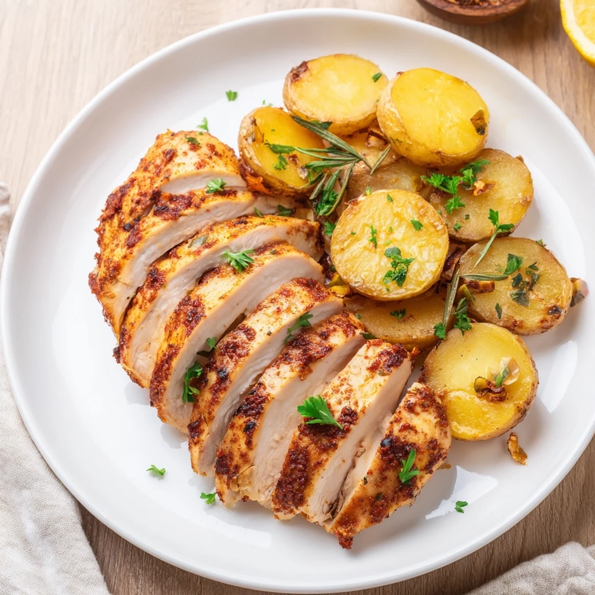 Juicy seasoned grilled chicken sliced and plated with rosemary roasted golden potatoes garnished with fresh parsley