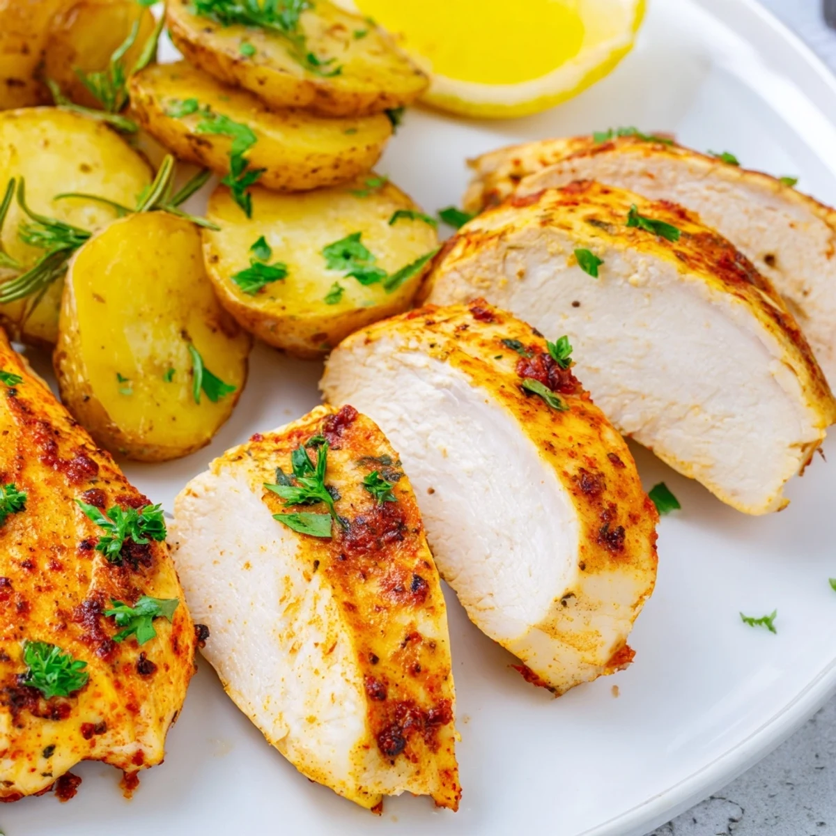 Homemade grilled chicken with crispy roasted potatoes arranged on a rustic wooden board with lemon wedges