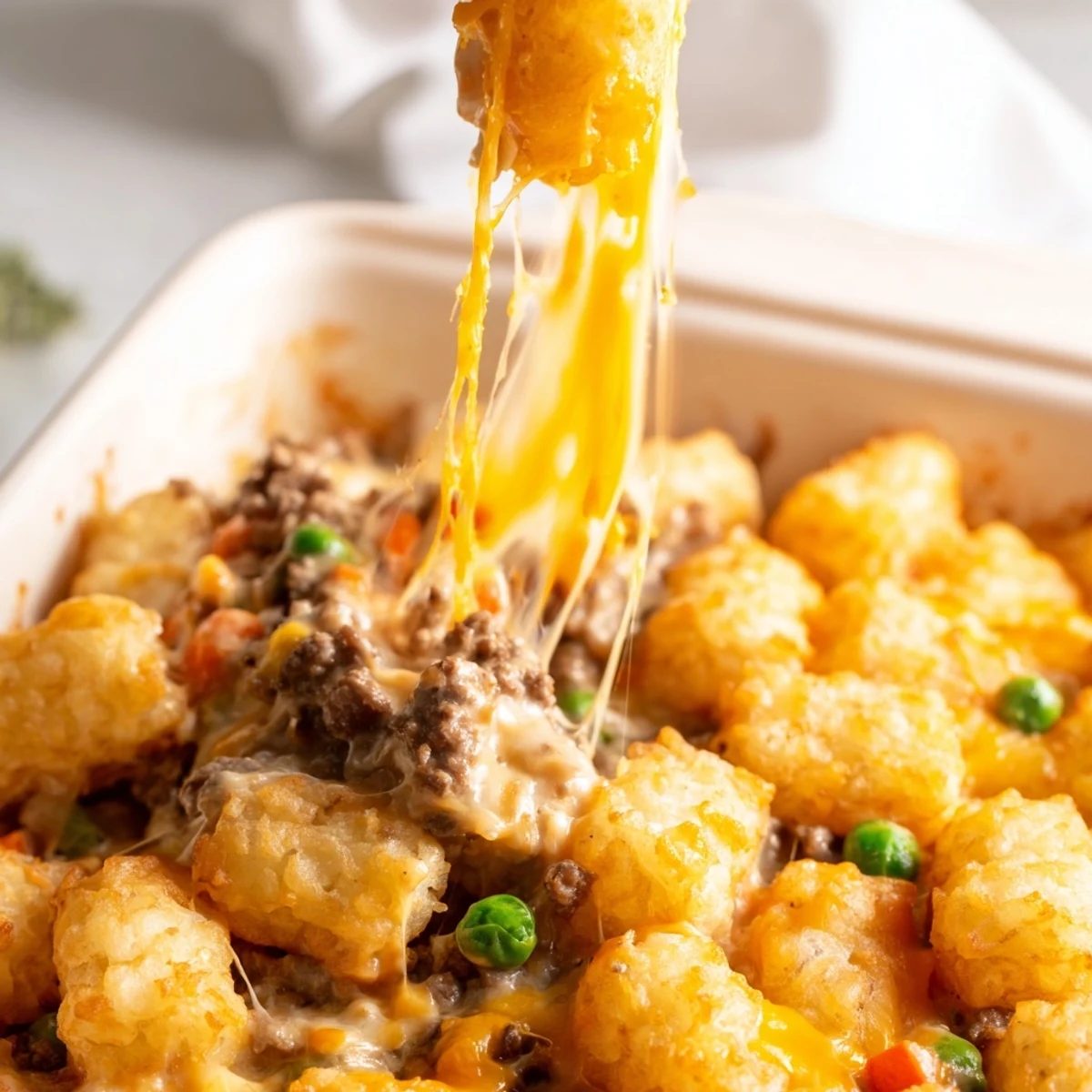 Golden crispy tater tots crown this cheesy ground beef tater tot casserole bubbling with melted cheddar