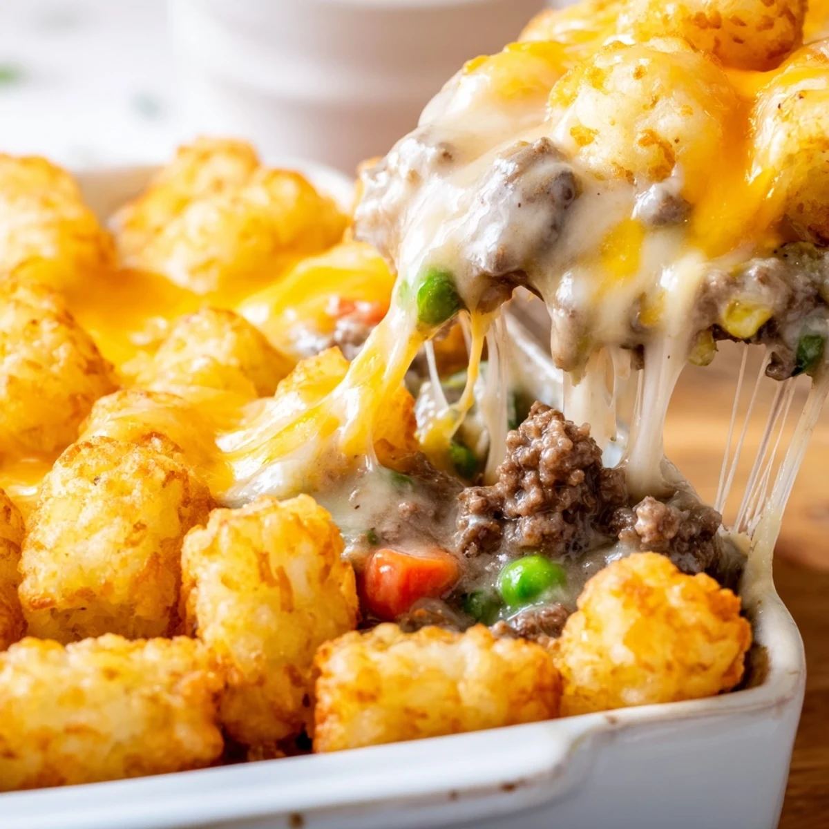 Bubbling 9x13 pan of cheesy ground beef tater tot casserole fresh from the oven with savory beef