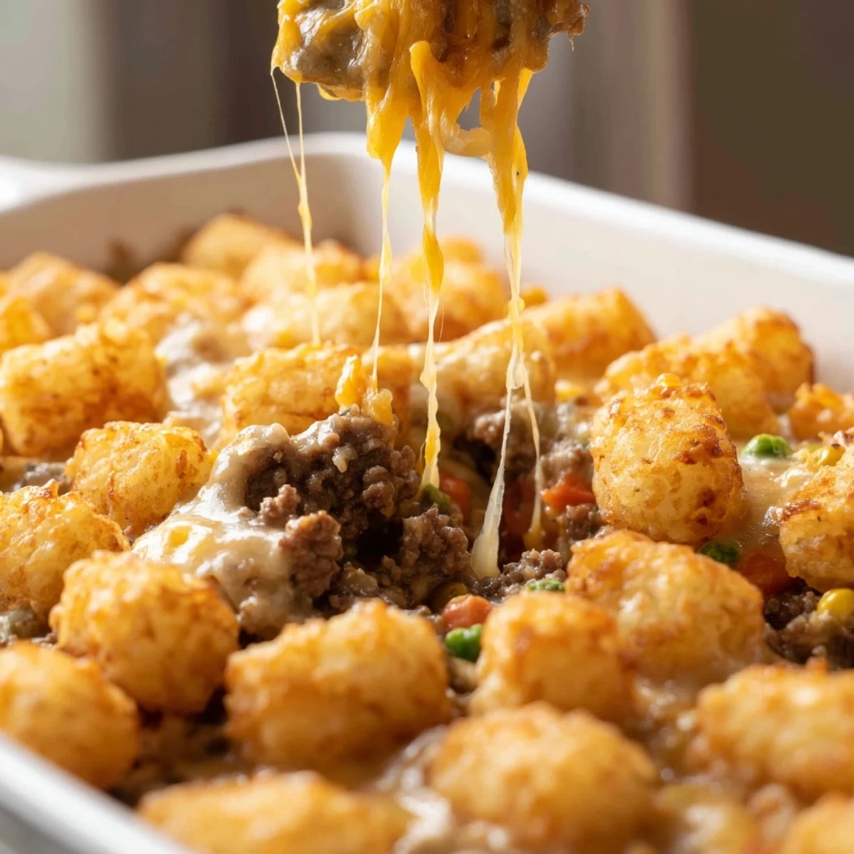 Comforting cheesy ground beef tater tot casserole with crispy potato topping and melted cheese layer