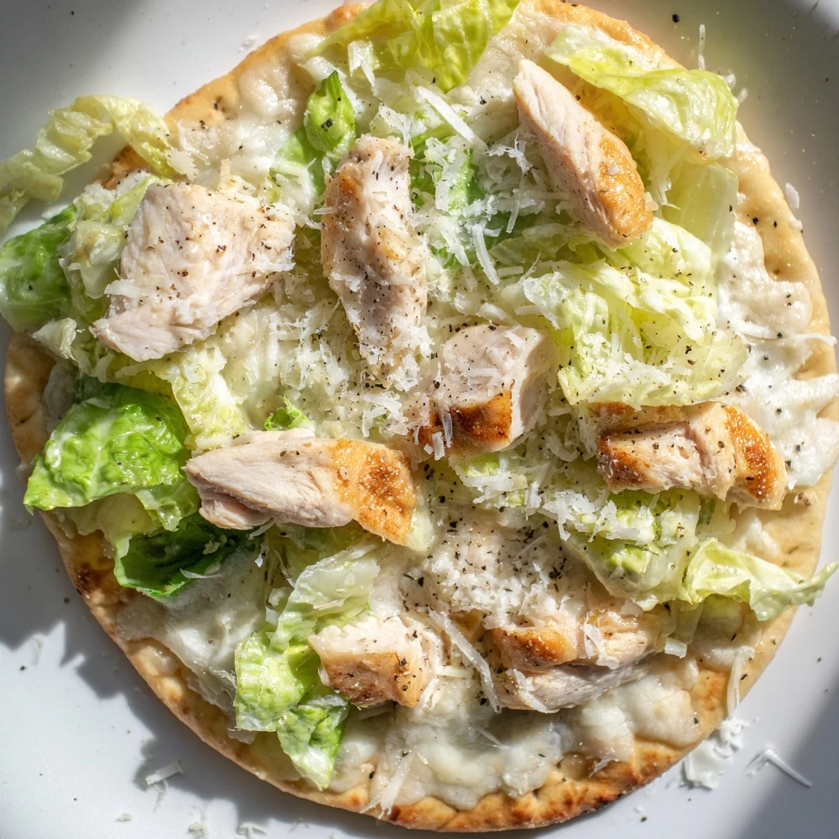 Golden chicken Caesar flatbread topped with grilled sliced chicken and crisp romaine lettuce