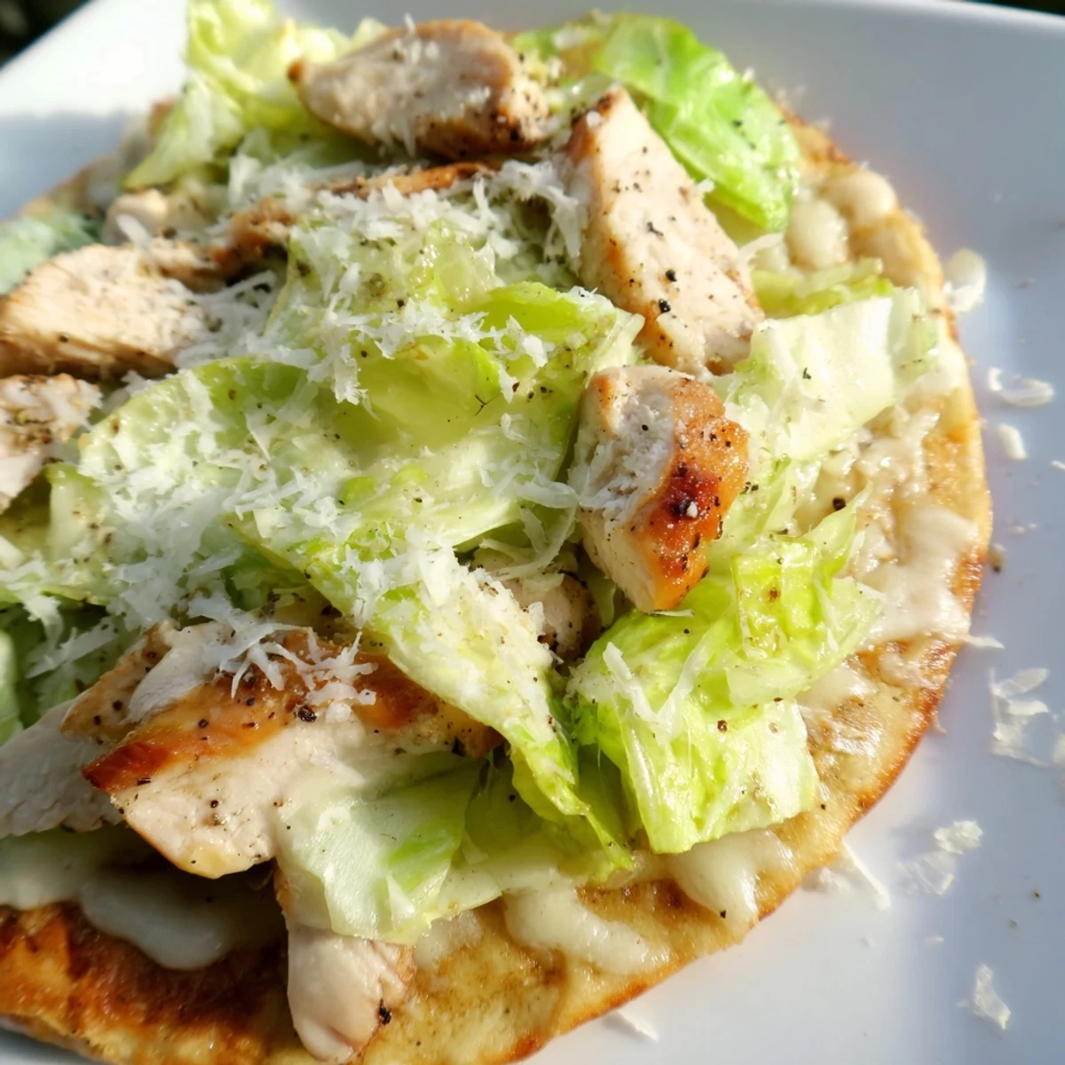 Homemade chicken Caesar flatbread featuring melty cheese and juicy seasoned chicken strips