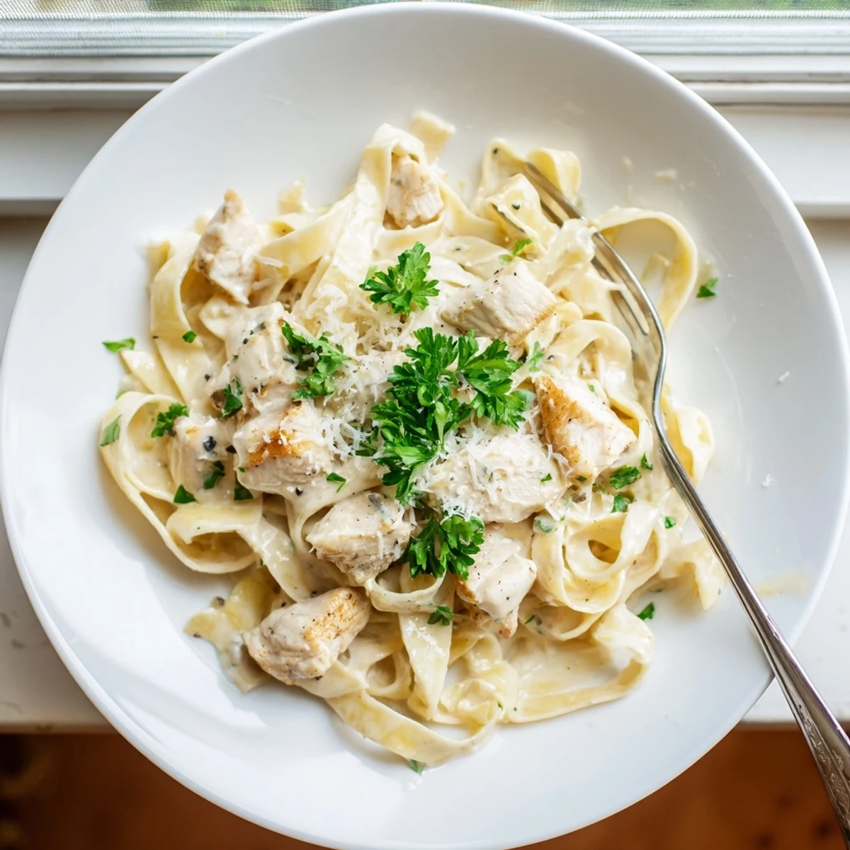 Creamy garlic Parmesan chicken pasta plated in a white bowl topped with fresh parsley