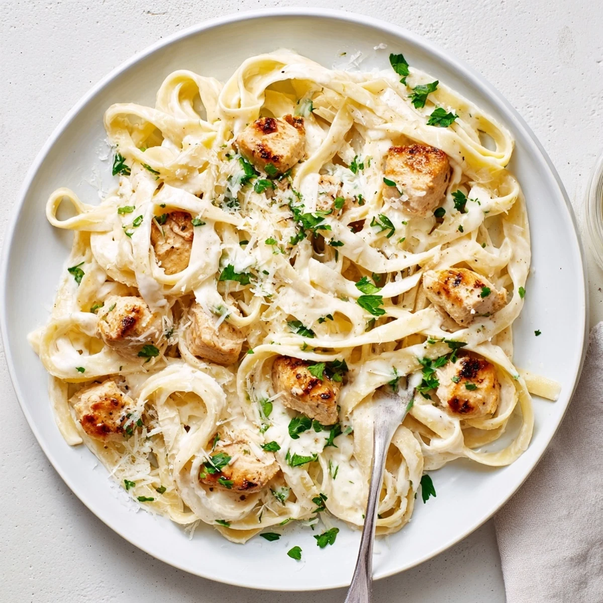 Golden brown chicken pieces coated in rich garlic Parmesan sauce over al dente fettuccine noodles